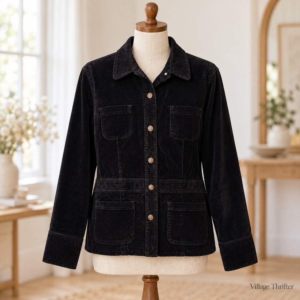 Jones Sport Corduroy Jacket Womens L Black Stretch Button Front Y2K Grunge Fall